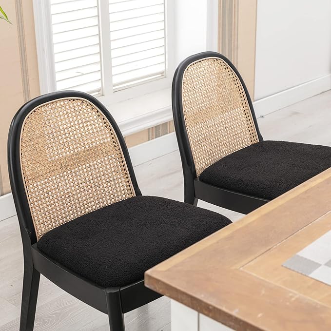 DUOMAY Mid-Century Modern Rattan Dining Chairs Set of 8, Wooden Dining Room Chair with Cane Backrest and Padded Seat, Black Sherpa Upholstered Dining Chair, Black Finish