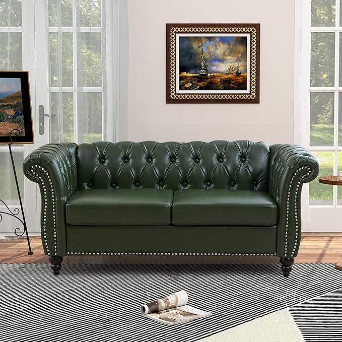 QHITTY Accent Sofa, Chesterfield Loveseat Modern Leather Couch Upholstered Sofa with Tufted Back for Living Room Furniture (Green)