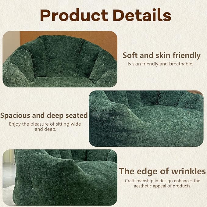 Giant Bean Bag Chair for Adults and Kids Oversized Faux Fur Shell-Shaped BonelessBeanBag Couch Filler with Memory FoamStuffed Big Accent Sofa for Living Room, Bedroom & Dorm (Green)