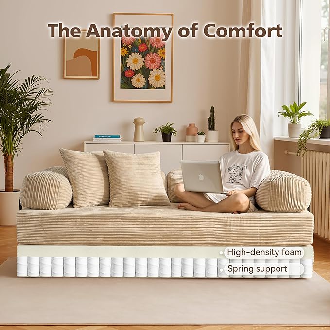 4-in-1 Folding Sofa Bed, 78" Oversized Corduroy Sleeper Chair, Convertible Loveseat to Floor Bed with Storage Pockets, Boneless Design for Living Room, Bedroom & Small Spaces