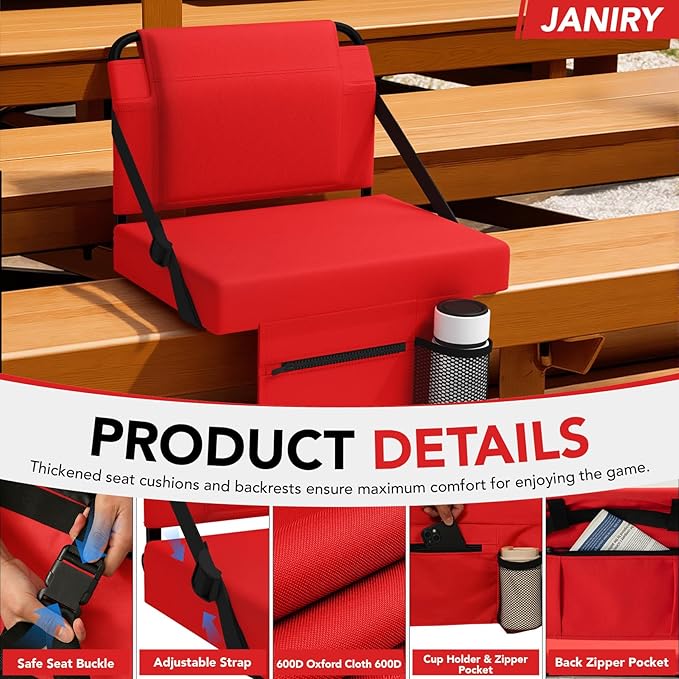 Stadium Seat for Bleachers with Back Support,Portable Bleacher Chairs with Back and Cushion，Red