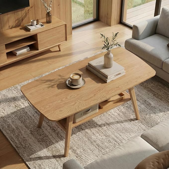 Hymus Coffee Table - 100% Solid Oak Wood- 2-Tier Coffee Table with Storage for Living Room, Eco-Friendly Finish, Easy Assembly (Natural, 39.37" D x 19.69" W x 17.32" H)