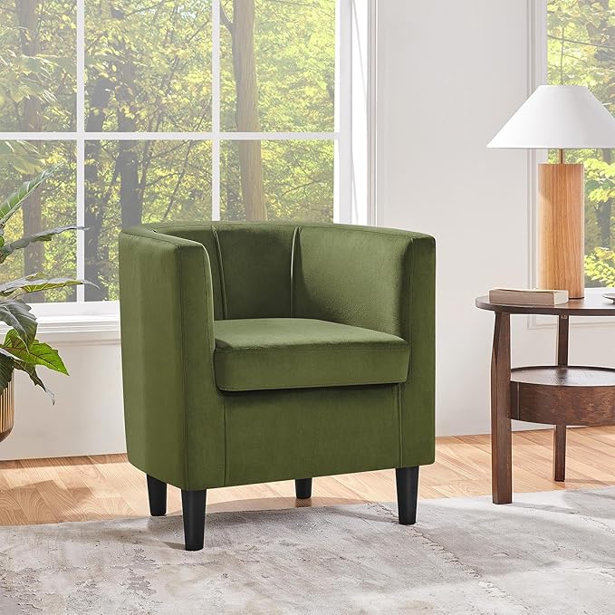 Yaheetech Velvet Accent Chair, Modern and Comfortable Armchairs, Upholstered Barrel Sofa Chair for Living Room Bedroom Waiting Room, Olive Green