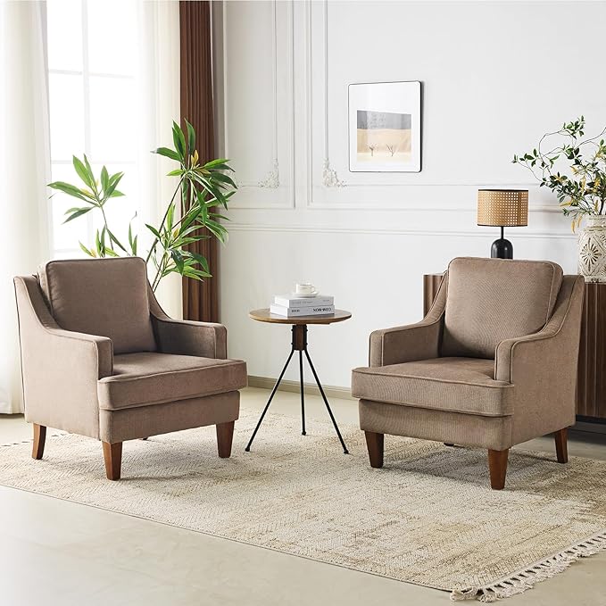 VINGLI Mid-Century Modern Accent Chairs Set of 2, Light Brown Upholstered Armchair Comfy Sofa Chairs Reading Chair High Back for Living Room Bedroom Furniture Apartment