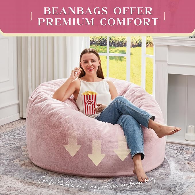 Hobestluk Bean Bag Chairs Giant Beanbag Chair with Filler, Memory Foam Bean Bags with Fluffy & Machine Washable Cover, Bean Bag Chairs for Aduts for Living Room, Bedroom (Pink, 3FT - 36” x 36” x 22”)
