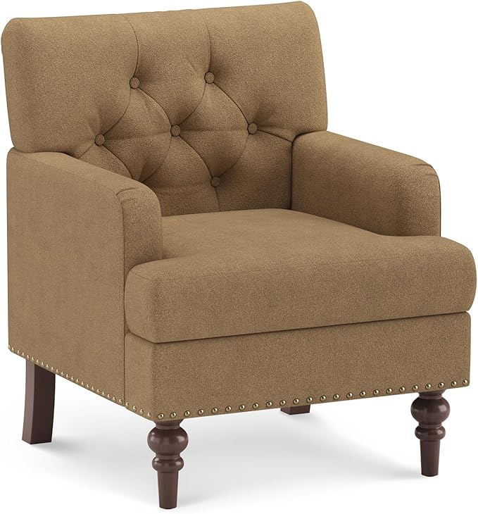 Upholstered Accent Chair with Thick Cushion, High Back Reading Chair, Linen Blend Armchair with Solid Rubberwood Legs for Living Room, Bedroom, Reading Nook, Apartment & Small Spaces,Brown