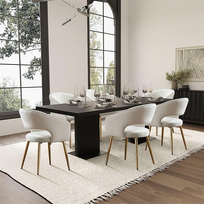 COMULER Cream Velvet Dining Chairs Gold Legs, Modern Dining Room Chairs with Arms Set of 6 Upholstered Accent Chair Armchair with Barrel Back for Kitchen Living Room