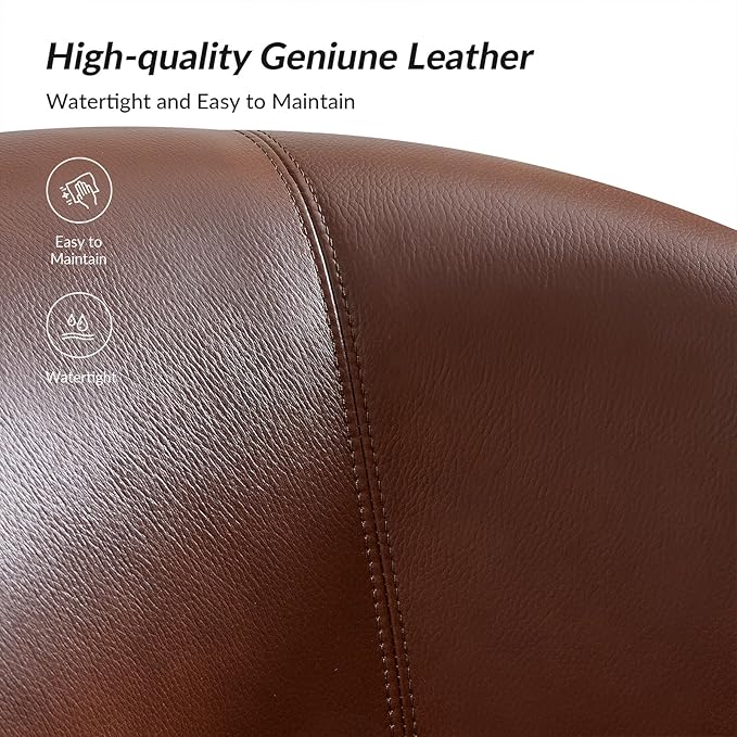 HULALA HOME Genuine Leather Swivel Accent Chair with Solid Wood Base, Round Swivel Barrel Chair for Living Room and Bedroom, Brown