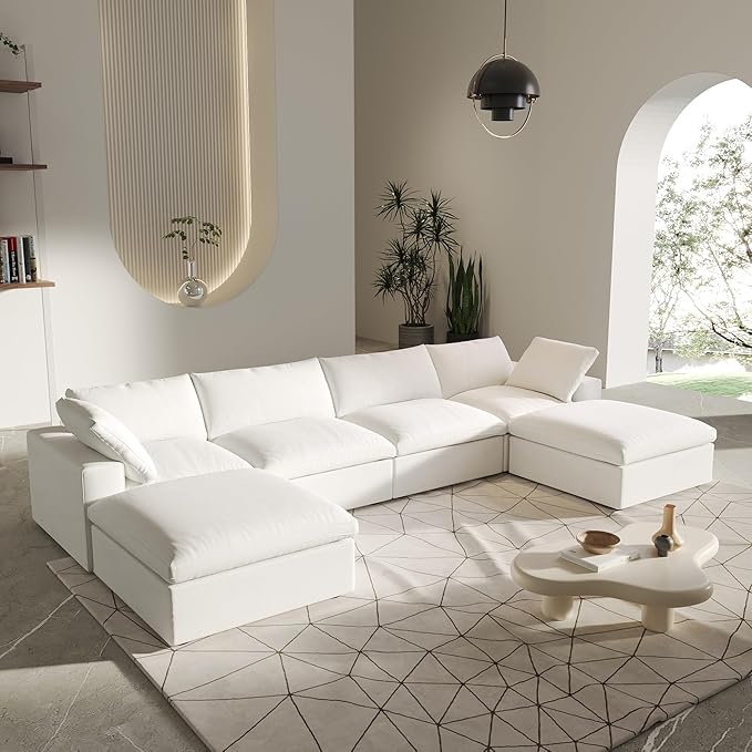 U-Shaped Cloud Sectional Couch, Oversize Modular Sofa, Modern Comfy Cloud Sofa with Storage Ottomans, Covers Removable, Convertible Sleeper Couch for Living Room Apartment (White, Linen Fabric)