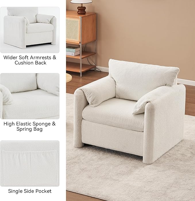 Plush Chenille Accent Chair - Modern Single Seater with High-Resilience Cushion, Compact Reading Chair for Living Room, Bedroom, Dorm Room, Ivory White