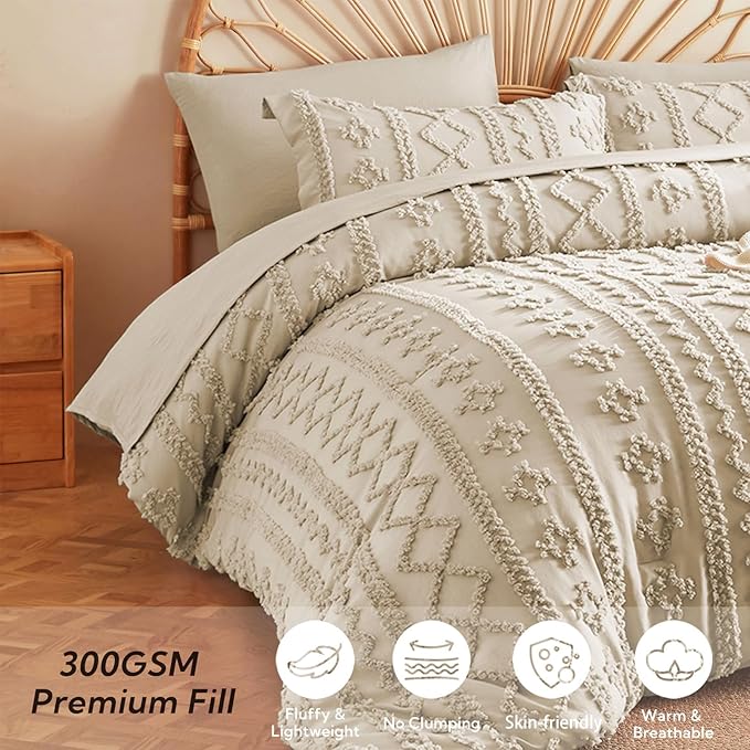 MR&HM Tufted Boho Comforter Set Full Size, Linen Farmhouse Bedding Set, Bed in a Bag Set 7 Pieces with 1 Comforter, 2 Pillow Shams, 2 Pillowcases, 1 Flat Sheet, 1 Fitted Sheet for All Seasons