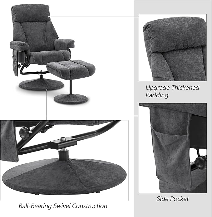 MCombo Swivel Recliner with Ottoman, TV Chair with Vibration Massage, Ideal for RV Small Space, Living Room & Bedroom 4539 4828 (Textile, Dark Grey)