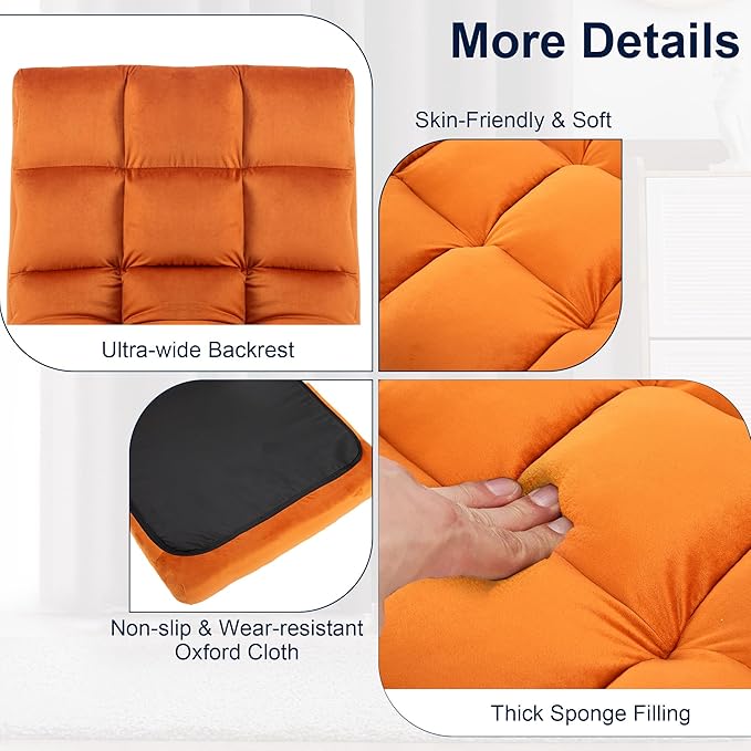 HOMYEDAMIC Floor Chair, 24 inches Wide Oversized Velvet Armless Lay Flat Floor seat Padded Meditation Chair with 6 Adjustable Position Ergonomic Comfortable Convenient(LRSF-007-ORANGE)
