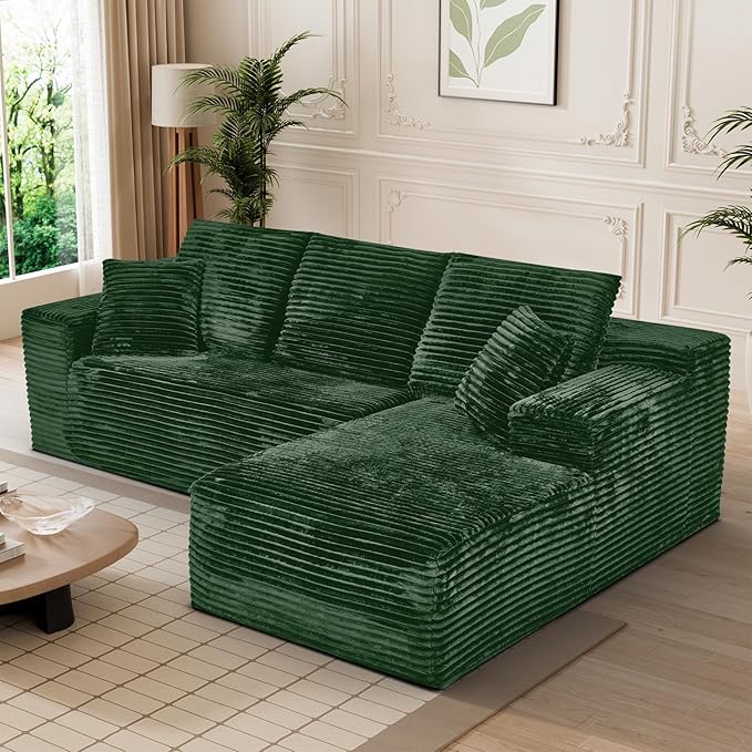 Modular Sectional Sofa Cloud Sectional Couch, 107" Comfy Fluffy L Shaped Green Couches for Living Room, Deep Seat Memory Foam Plush Corduroy Boneless Couch Sectionals with Right Facing Chaise Sofa