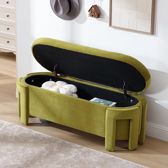 DM Furniture Modern Velvet Ottoman with Storage Entryway Bench for Living Room Comfy Upholstered End of Bed Bench with Safty Hinge for Bedroom/Living Room/Lounge/Corner, Olive