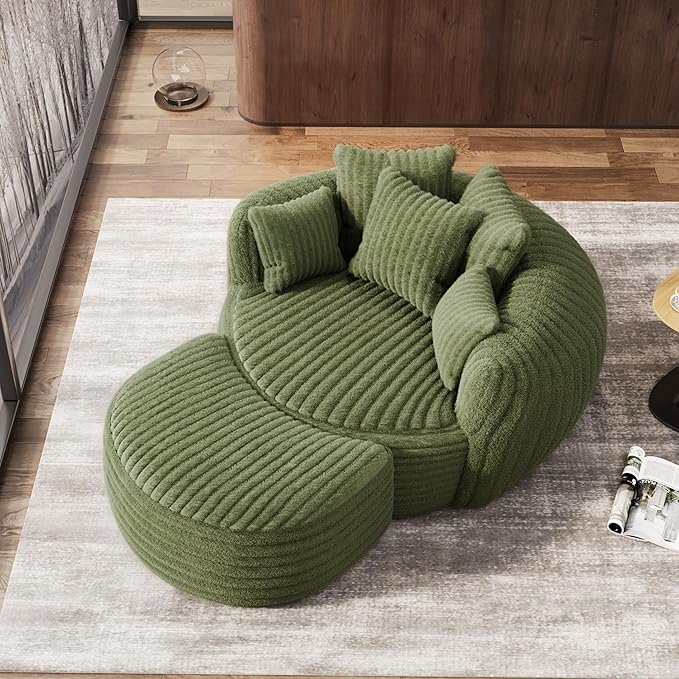 Oversized Chaise Lounge Chair Indoor with Ottoman 50.5" W x 67.0" D Round Soft Corduroy Comfy Oversized Reading Chair with 5 Pillows for Living, Reading Room - Olive Green