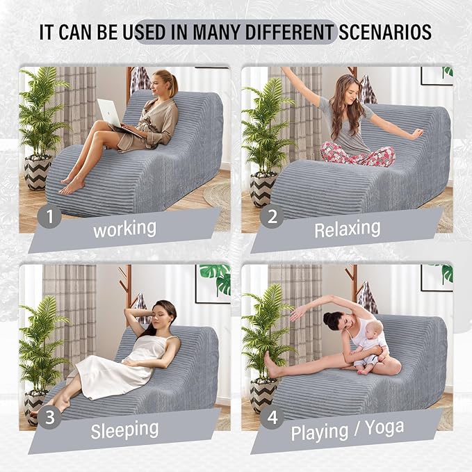 Corduroy Chaise Lounge Chair Couch Indoor Boneless Oversized High-Density Sponge Soft Sofa, Light Grey