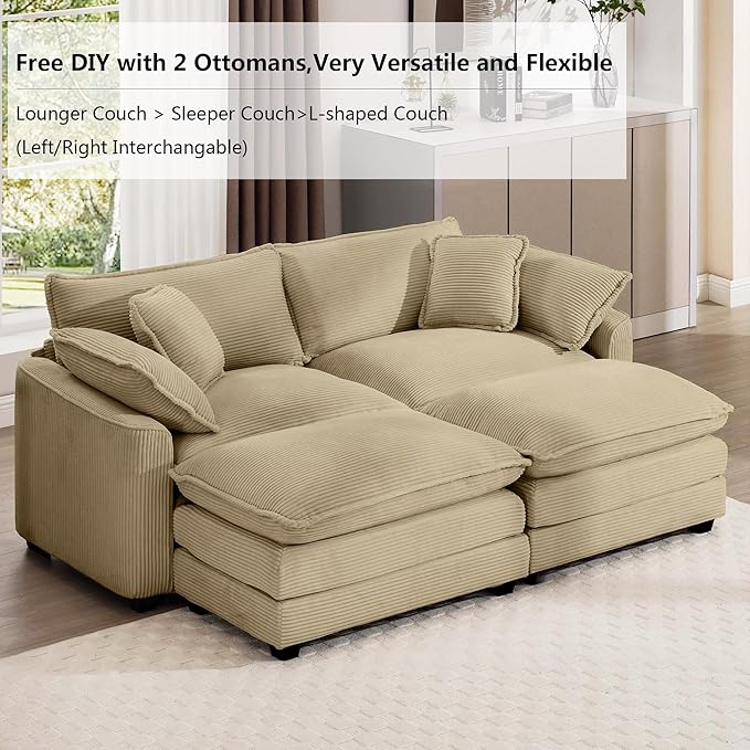 Aoowow Oversized Loveseat Couch with Ottomans,Modern Corduroy 2 Seater Cloud Couches for Living Room,Modular Sectional Cloud Sofas Deep Seat,Double Lounger Sleeper Sofa