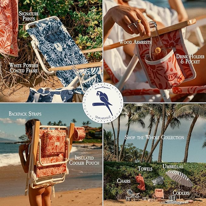 Business & Pleasure Co. Margaritaville Manana Backpack Beach Chair Lay Flat Reclining, Lightweight & Portable, Insulated Cooler Pocket, Strawberry Daiquiri Marg