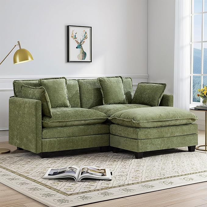 UMBFUN Cloud Couch Loveseat with Ottoman, Oversized Comfy Modular Sectional L Shaped Sofa with Deep Seat Cushions, Chenille 2-Seater Lounge Set for Living Room, Green
