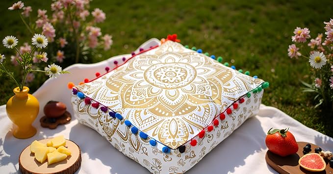 CRAFT KALA 24" Square Large Hippie Mandala Meditation Floor Ottoman Pillow Cushion Pouf Cover Square Poufs Bohemian Circle Floor Cushion Case Outdoor Fireplace Living Decor Cover White Gold Flower