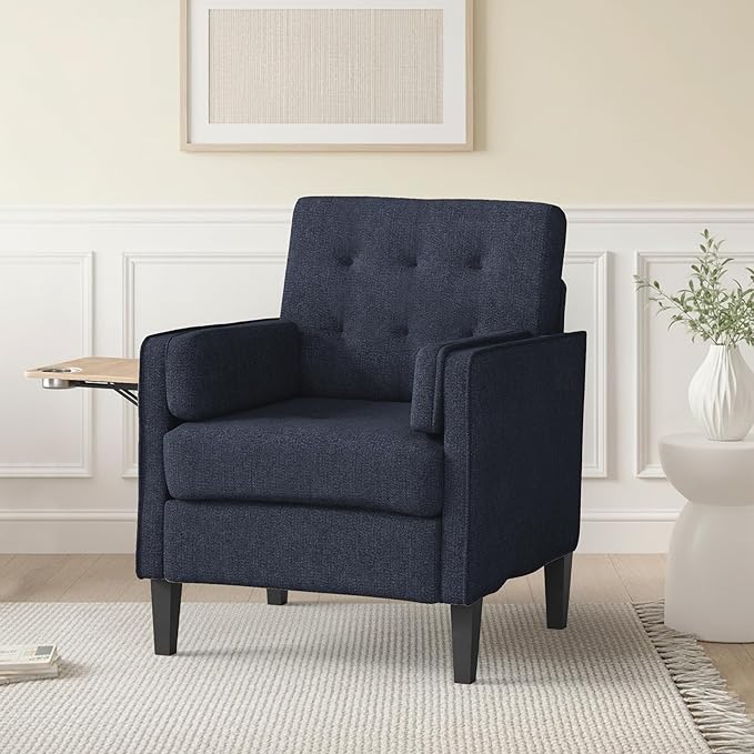 Chenille Accent Chair, Mid Century Modern Arm Chair with Foldable Wooden Side Table & Cup Holder - Comfy Reading Chair for Bedroom,Living Room Chairs,Sofa Chair Set of 2,Navy Blue