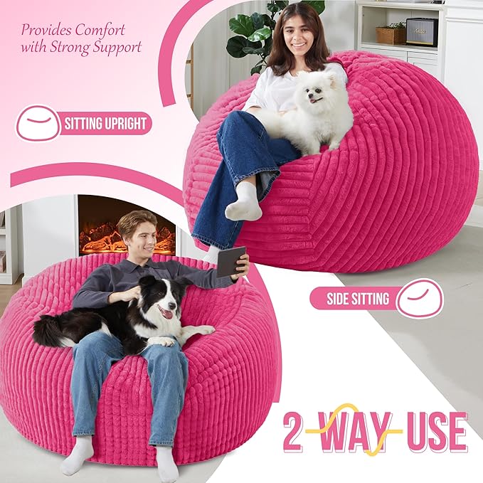 Homguava 6 FT Bean Bag Chair,6' Big Bean Bag,Giant Bean Bag Chairs for Adults with Memory Foam Filled,Comfy Large Beanbag Chairs Soft Bean Bag Sofa with Dutch Corded Plush Cover-Pink