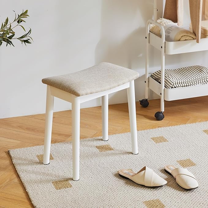IBUYKE Saddle Cushion Vanity Stool Chair, Foot Rest Stool with Solid Wood Legs, Modern Vanity Bench Ottoman for Piano, Upholstered Seat for Bedroom, Entryway, White Legs&Light Linen WBD007WY