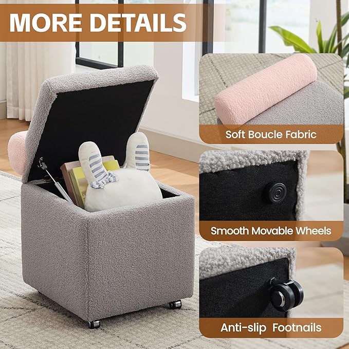 Boucle Vanity Chair with Storage, Swivel Vanity Stool with Safety Hinge, Upholstered Makeup Chair with Wheels, Square Ottoman Stool for Living Room, Dressing, Bedroom, Grey