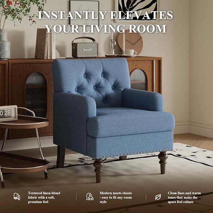 Upholstered Accent Chair with Thick Cushion, High Back Reading Chair, Linen Blend Armchair with Solid Rubberwood Legs for Living Room, Bedroom, Reading, Apartment & Small Spaces,Blue,Set of 2