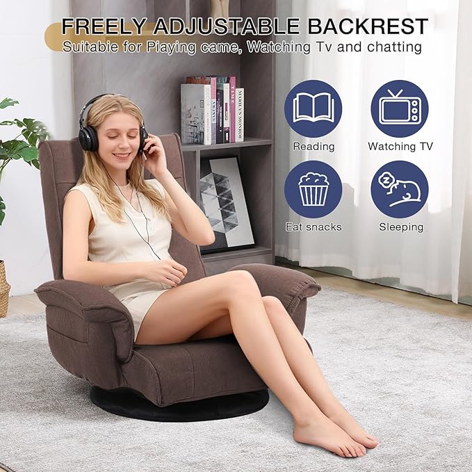 Linen Fabric Ergonomic Gaming Chair, 6-Position Reclining Sofa Bed with Lumbar Support, Foldable Floor Lounger with Thick Cushion, Armrests & Side Pockets for Esports, Reading, Napping (Coffee)