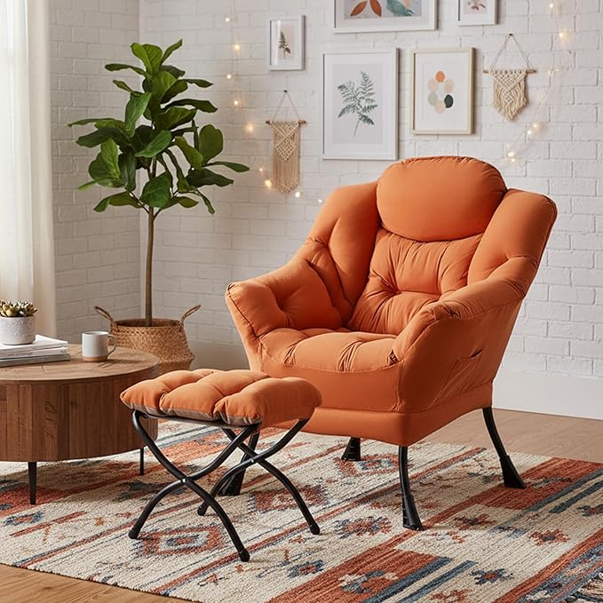 Welnow Lazy Chair with Ottoman for Living Room, Modern Reading Lounge Accent Chair with Armrests and a Side Pocket, Leisure Upholstered Lazy Sofa for Small Space, Bedroom, Dorm, Orange