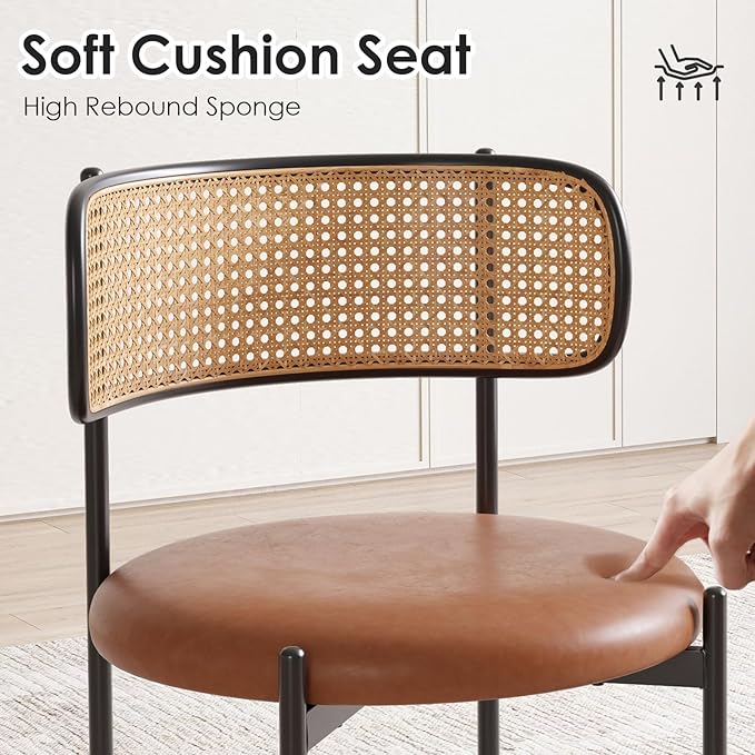Farini Dining Chairs Set of 4, PU Leather Upholstered Seat with Woven Rattan Back, Sturdy Metal Legs Modern Side Chairs for Kitchen Living Room Restaurant, Brown