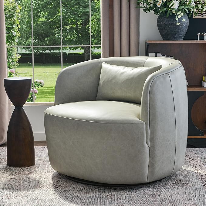 KINWELL 33'' W 100% Top Grain Genuine Leather Swivel Barrel Armchair No Assembly Round Upholstered Leather Swivel Accent Chairs with Toss Pillow for Living Room Office Lounge, Light Gray