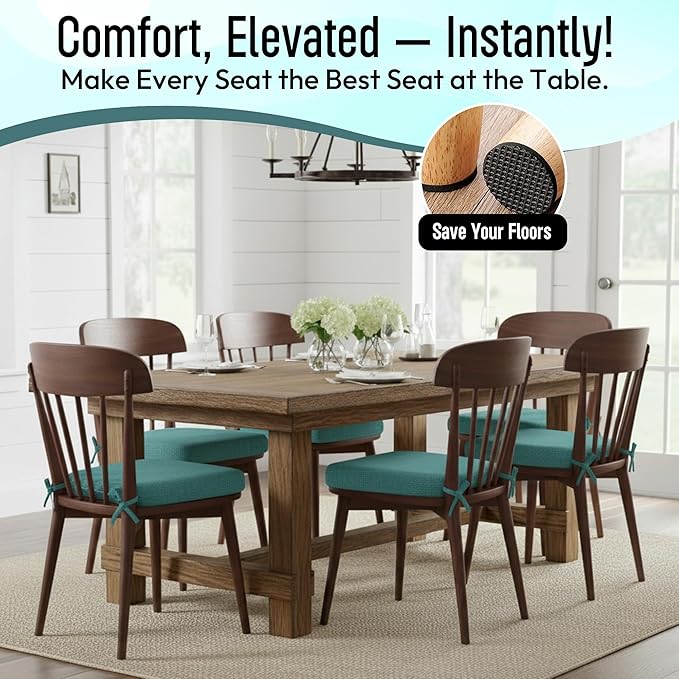 D-Shaped Indoor Chair Cushions 17" x 16" for Kitchen & Dining Chairs – 2'' Thick Seat Pads with Ties & Non-Slip Backing, High-Density Foam, Machine-Washable Covers, Set of 4 with Chair Leg Pads, Teal