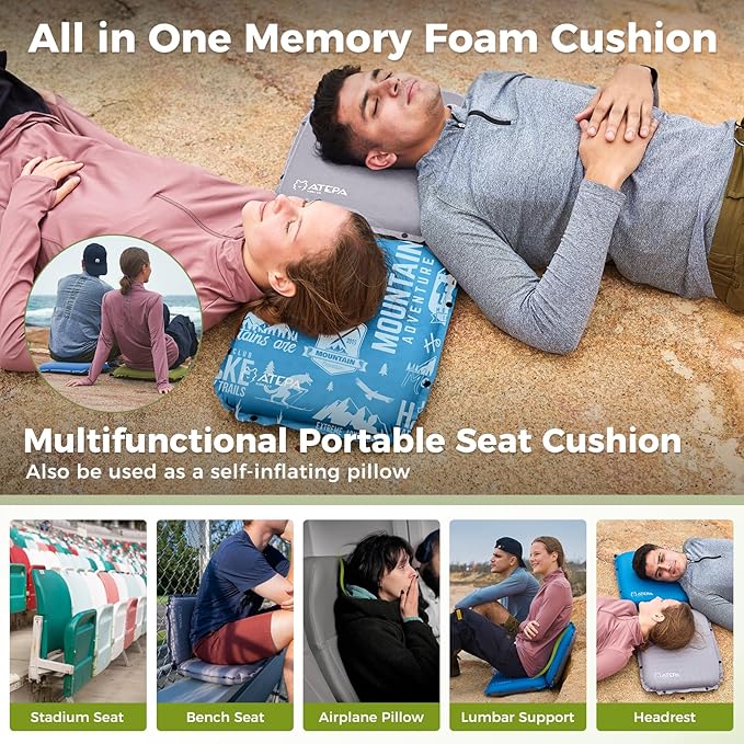ATEPA Inflatable Seat Cushion, Self-Inflating Portable Stadium Airplane Travel Foam Cushion Pad for Camping, Sports Events, Outdoor