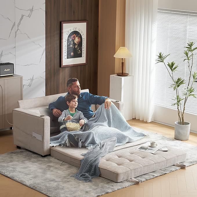 VINGLI Upgraded 64" W 84" L Full Size Futon Sofa Bed, 6" Thick Upholstery Chenille Loveseat Sofa Sleeper Pull Out Couch,Convertible Floor Couch for Living Room, Bedroom, Entertainment Room, Beige