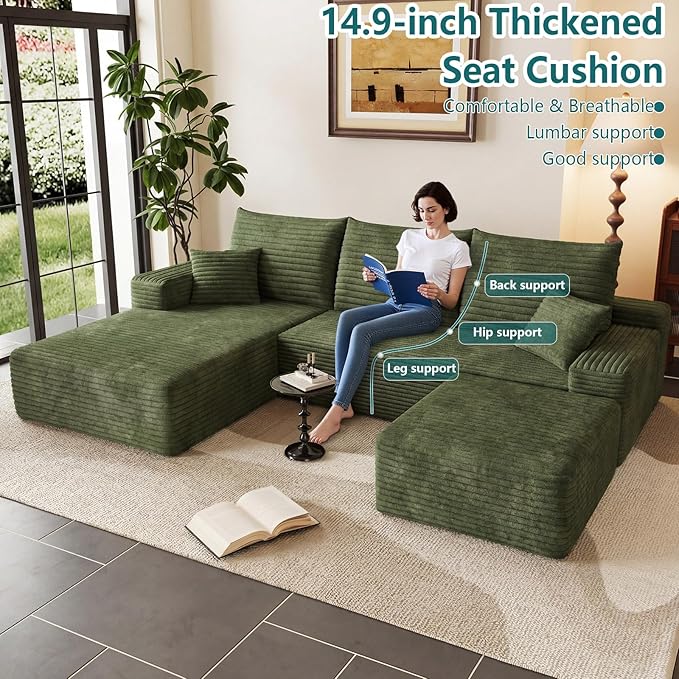 95" U-Shape Cloud Couch, Modern Modular Sectional L-Shape Sofa with Ottoman, Corduroy Upholstered Couches Deep Seat Sleeper Chaise Longue for Living Room, No Assembly Required(Green, Left Facing)