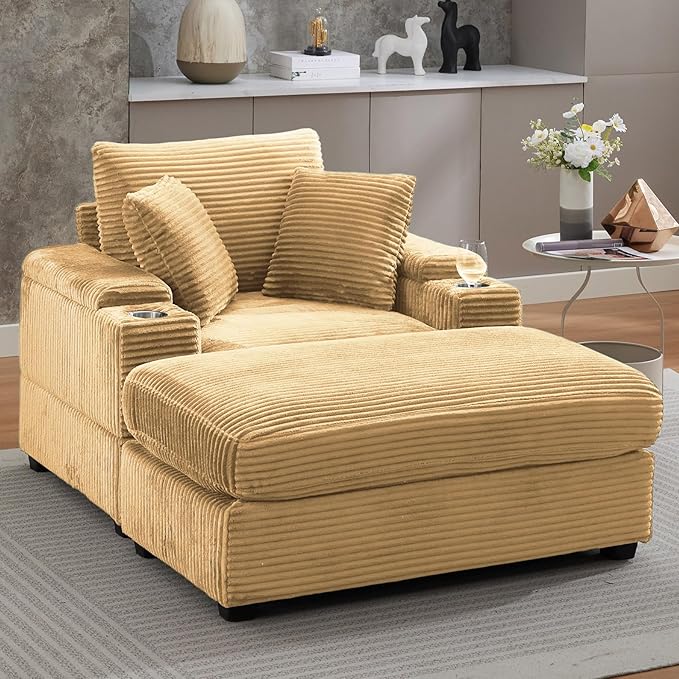 50" Oversized Indoor Chaise Lounge Chair with Ottoman & Storage, Reclining Sleeper Design, Comfy Deep Seat Corduroy Upholstered, Built-in Cup Holder, Ideal for Living Room, Bedroom, Yellow