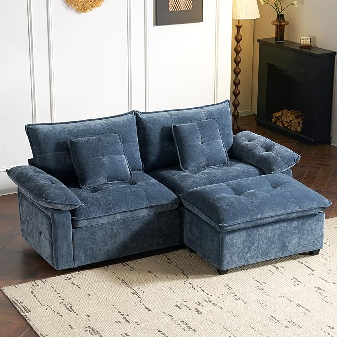 PALLOME 82" Deep Seat Comfy Cloud Couch, Modular Sectional Sofa with Movable Ottoman, L Shaped Chenille Sofa for Small Space, Modern Apartment Living Room & Office (Blue, 2-Seat + Ottoman)