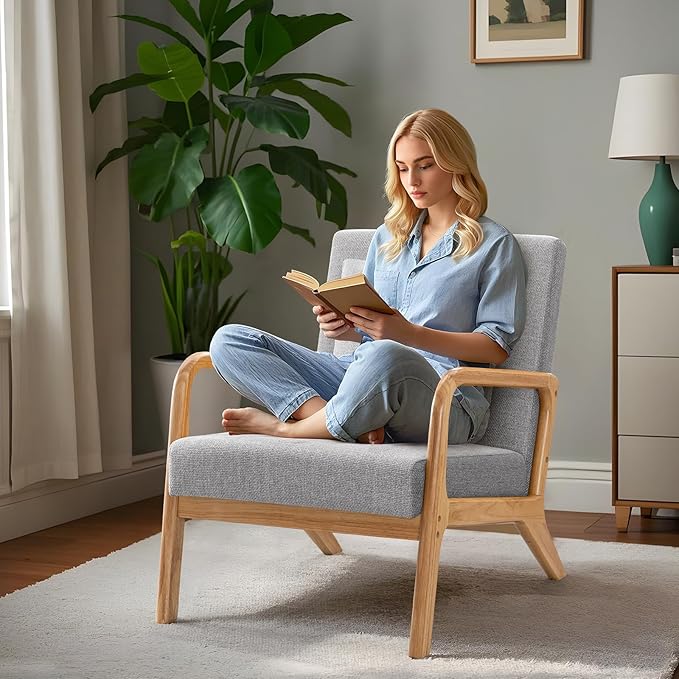 ELUCHANG Mid-Century Modern Accent Chair with Lumbar Pillow,Upholstered Armchair,Linen Fabric Comfy Reading Chair, Lounge Side Chair for Living Room Bedroom Apartment,Easy Assembly(Grey,2pcs)