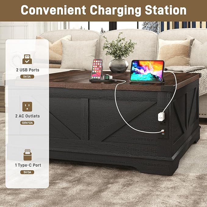 Hlivelood 40” Large Farmhouse Lift Top Coffee Table with Power Outlets and Large Hidden Storage, Square Wood Living Room Tables, Multi-Function Lift Wooden Barn Door Center Table, Black