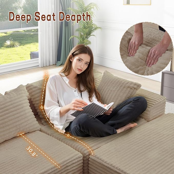Korser 110" Sectional Couches for Living Room, Modular Sectional Sofa with L-Shape Chaise, Cloud Couch, Comfy Corduroy Fluffy Couch with Deep Seat and Side Pockets