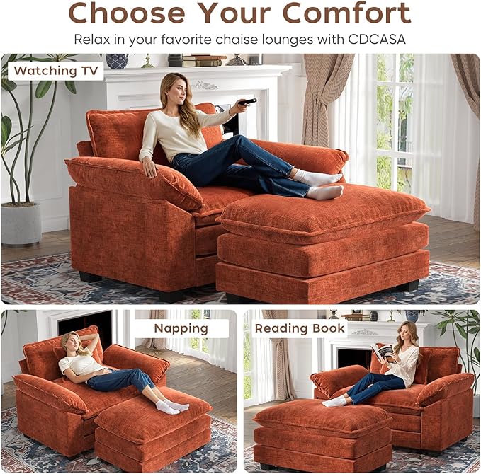 CDCASA 50'' Oversized Chair with Ottoman, Chenille Comfy Cloud Sofa Accent Chair w/Large Seat and Armrest, Modern Extra Wide Armchair Reading Chairs for Bedroom, Living Room, Terracotta Orange