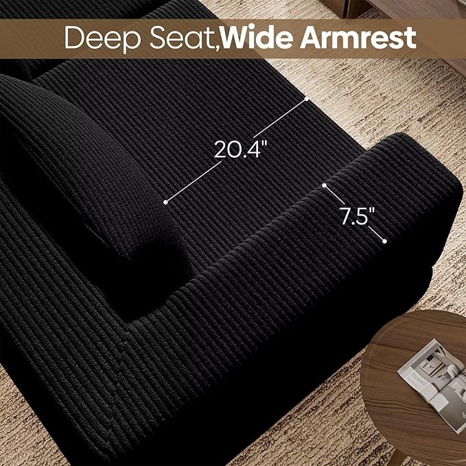 L-Shaped Corduroy Modular Sectional Couch, Modern Floor Couch Sofa for Apartment Living Room, Convertible Sleeper Sofa Bed with 3 Pillows, No Assembly Required, Black