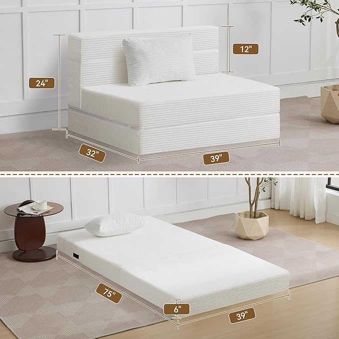 Folding Sofa Bed Convertible Floor Couch Foldable Chair Bed with Pillow，Linen Sleeper Chair Futon,Foldable Memory Foam Mattress for Bedroom/Living Room/Dorm/Office (Corduroy White, Standard)