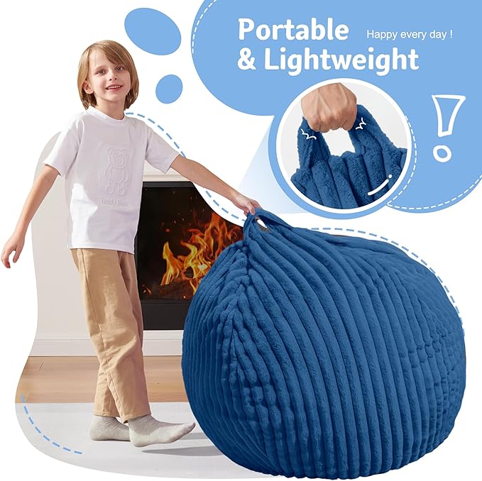 Homguava 2FT Bean Bag Chair, 2' Small Bean Bags with Memory Foam Filled, Beanbag Chairs with Machine Washable Cover Dutch Corded Plush Cover for Classroom,Living Room,Bedroom-Blue