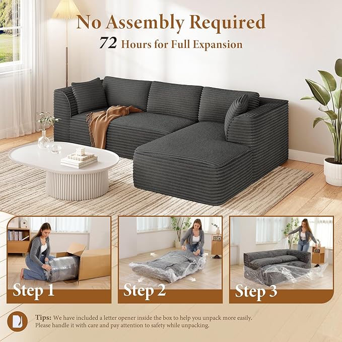 Vesgantti 106" Cloud Couch with Chaise, Deep Seat Fluffy Modular Sectional Sofa Corduroy Memory Foam Boneless Couches for Living Room Bedroom, No Assembly Required (Grey, Right-Facing Chaise)