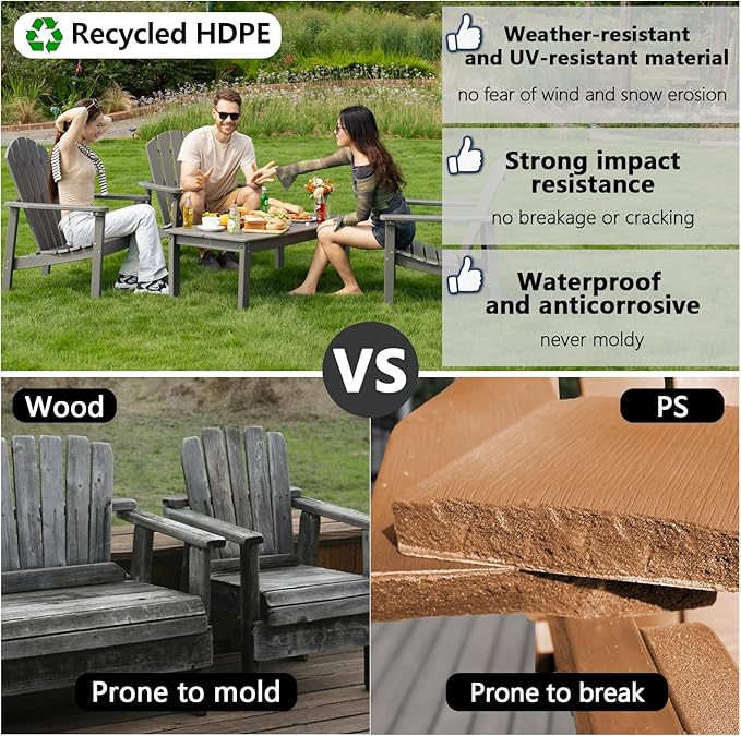 nevilywood Compact Stackable Adirondack Chairs Set of 4, 26.3" Wide HDPE Outdoor Patio Chairs - Durable, Space-Saving Design for Porch, Lawn or Garden, Grey