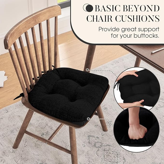 Basic Beyond Chair Cushions for Dining Chairs 6 Pack, Chair Cushion with Ties and Non Slip Backing, 15.5 x 15.5 inches Tufted Chair Pads for Dining Chairs, Black